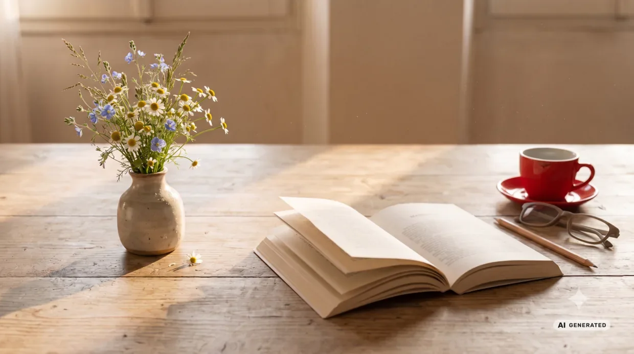 Un tavolo di legno con un libro aperto, un mazzo di fiori di campo in un vaso di ceramica, una tazza rossa con il piattino, un paio di occhiali e una matita. La luce entra da una finestra sulla sinistra — immagine generata con AI