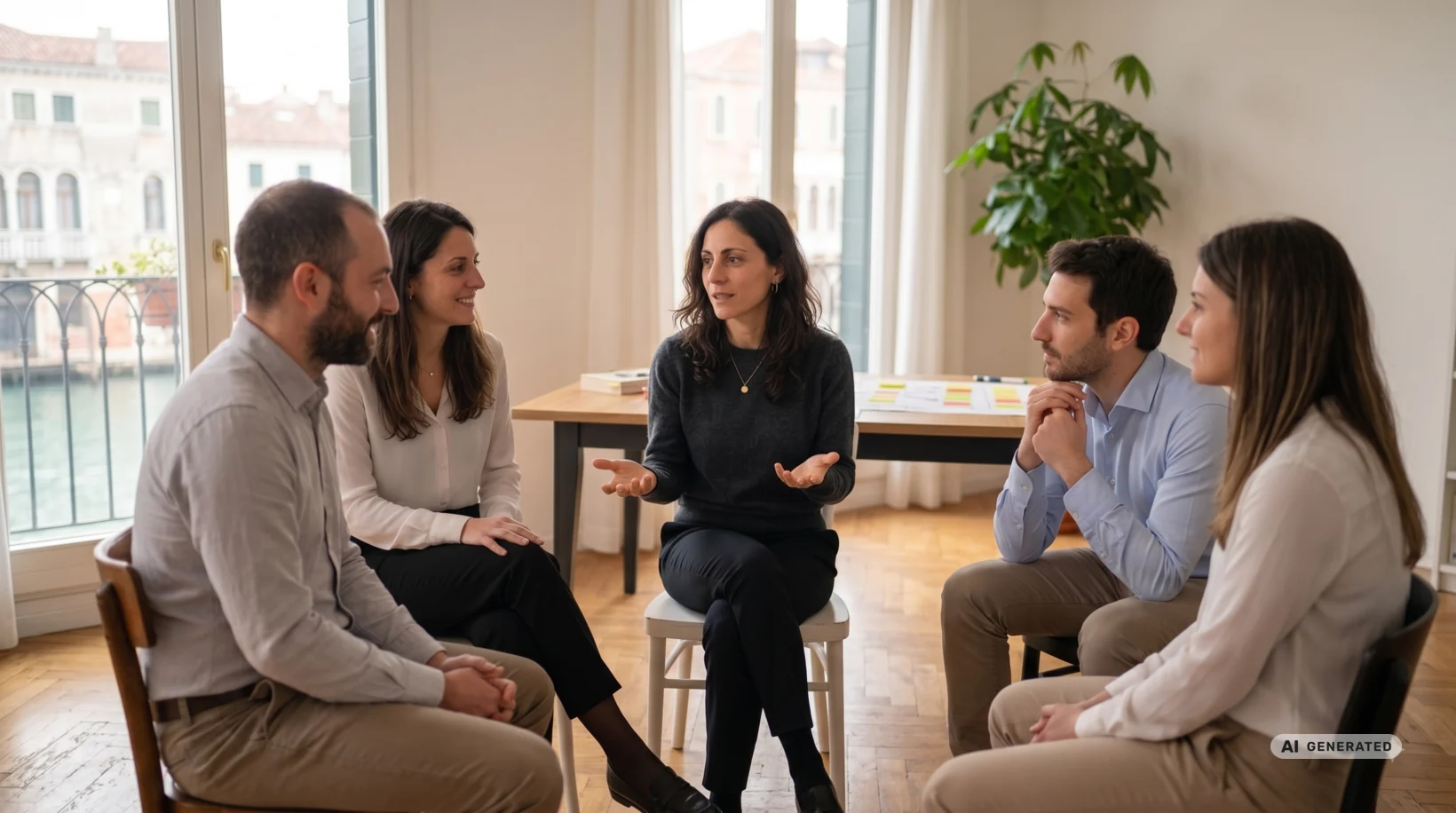 Il debriefing: l’esperienza si mette in ordine, in cerchio — immagine generata con AI