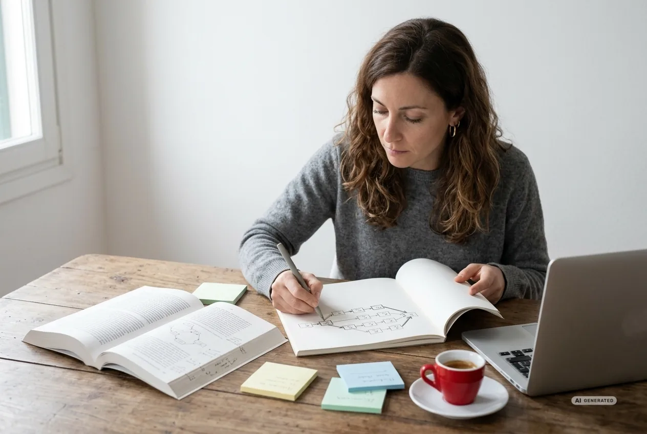 Candidata PMP® disegna un reticolo di schedulazione e calcola il percorso critico a mano — immagine generata con AI