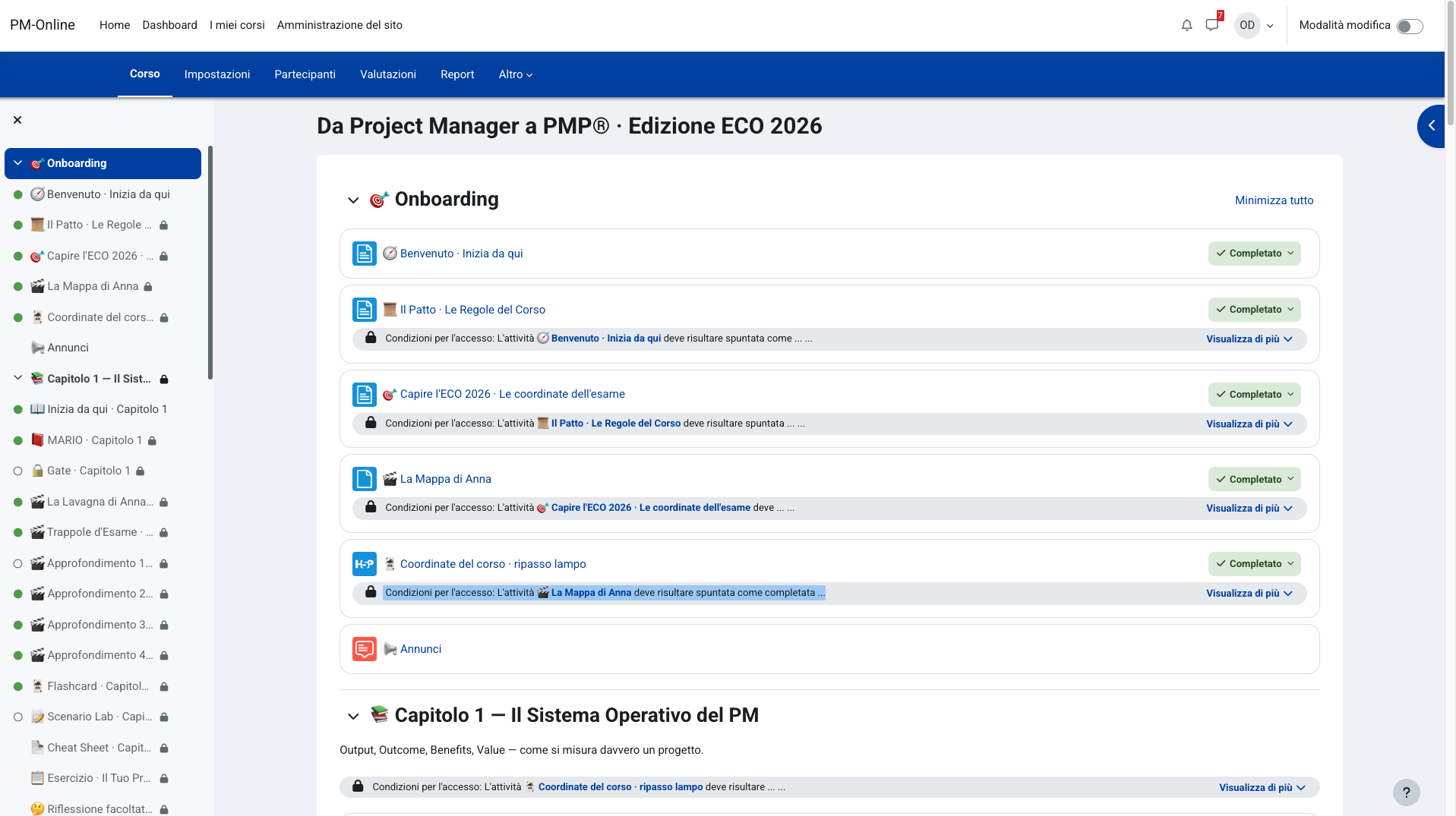 La piattaforma del corso PMP online self-paced di PM-Online: le sette attività di ogni capitolo