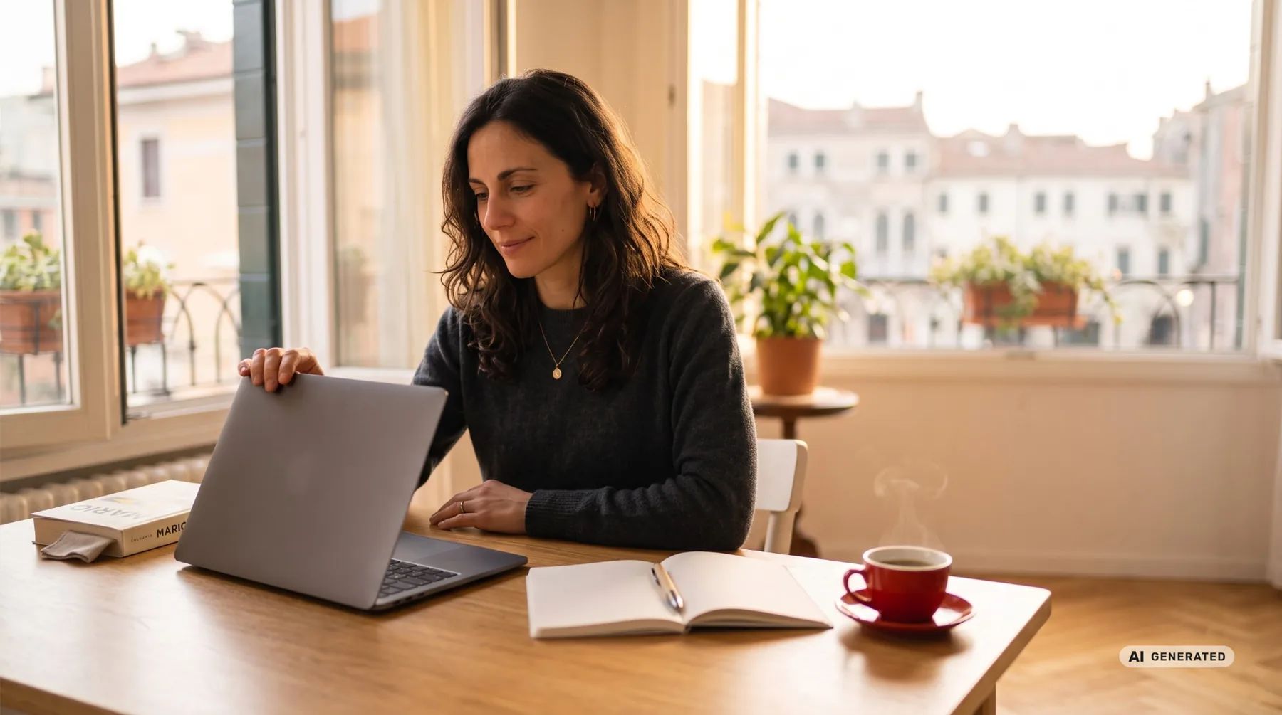 Una project manager apre il portatile sul tavolo di casa, con il libro MARIO — Da Project Manager a PMP® e il quaderno degli appunti accanto — immagine generata con AI